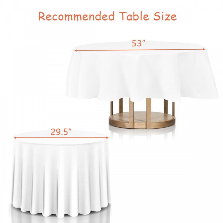 90-inch white polyester round tablecloth with elegant surged edges, perfect for weddings and restaurant use.